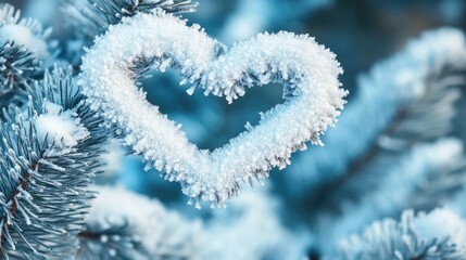 Heart-shaped snow detail on blue pine tree branches with soft focus background and ample copy space for text overlay.