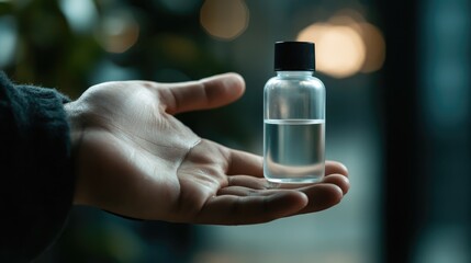 Close up of a hand holding a clear hand sanitizer bottle with soft focus background and ample space for promotional text or message