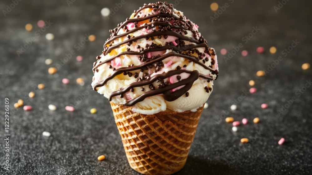 Poster delicious ice cream cone topped with chocolate drizzle and colorful sprinkles on a dark background p