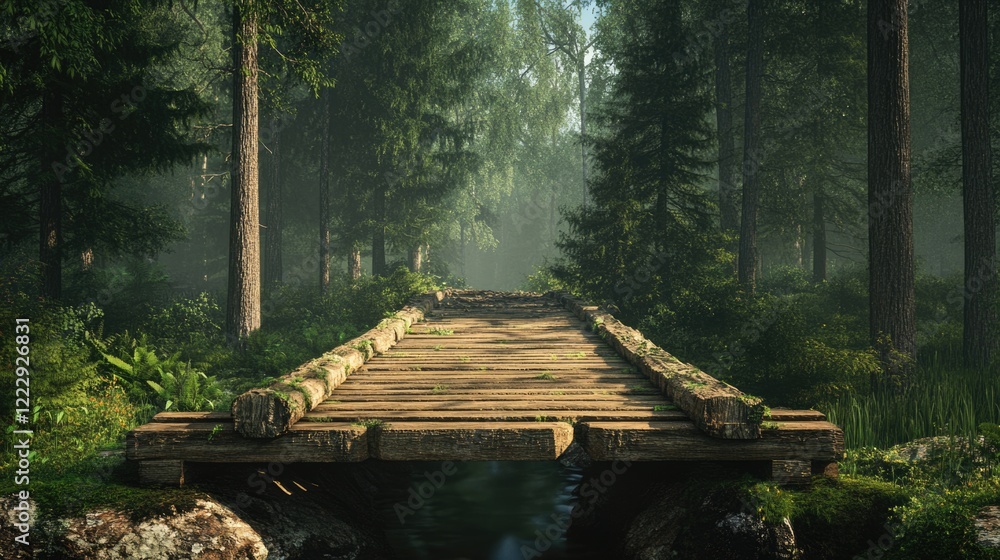 Poster wooden bridge surrounded by lush forest landscape with tranquil atmosphere and blank space for custo