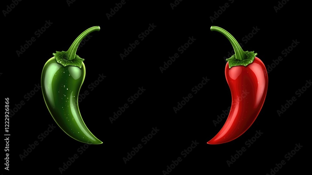 Aufkleber red and green chili peppers on black background with empty space for text or branding