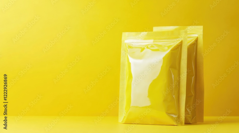 Poster complementary yellow packaging bags on a vibrant yellow background with ample empty space for text a