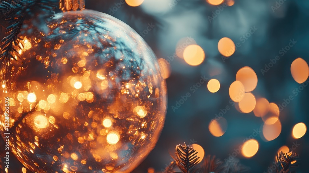Aufkleber glowing christmas ornament with sparkling lights and bokeh background offering empty space for festi