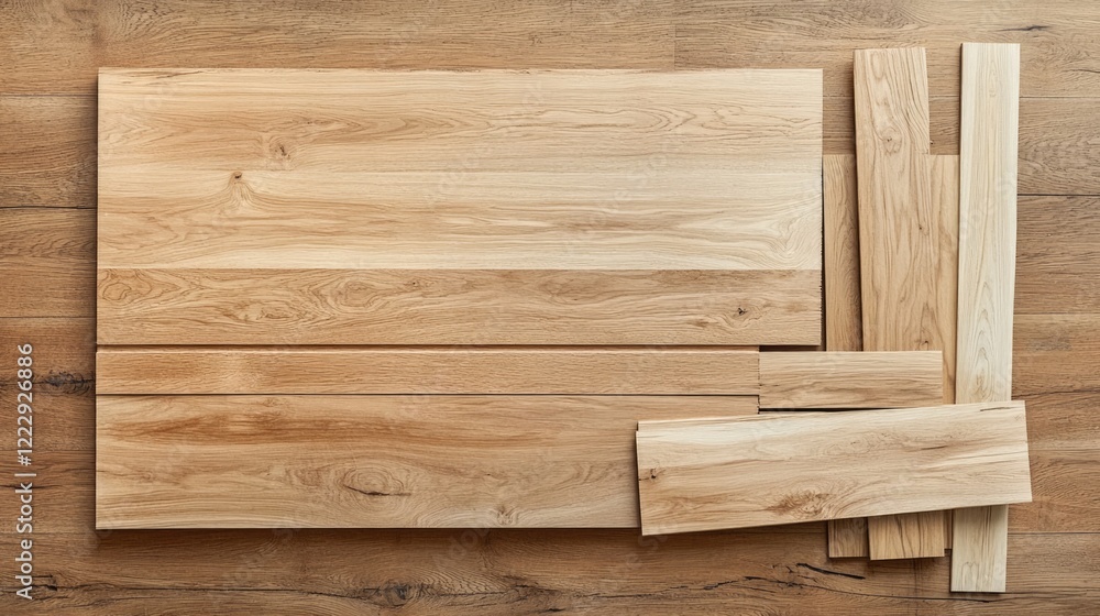 Aufkleber wooden table components arranged on a wooden surface with ample empty space for text or design eleme