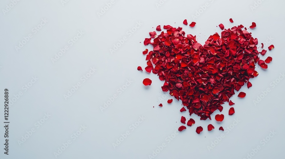 Poster Heart shape made from red rose petals on a white background with ample empty space for text or romantic messages