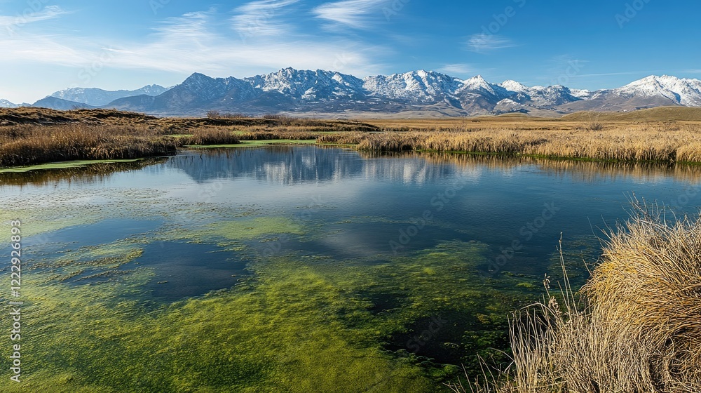 Poster serene pond surrounded by mountains and grasslands under a clear blue sky with reflections and ample