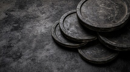 Lightweight barbell weight plates stacked on textured surface with empty space for fitness related text or advertising message