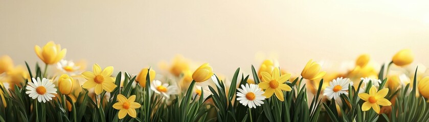 A vibrant field of yellow flowers and white daisies against a soft, warm background, evoking a sense of spring and renewal.