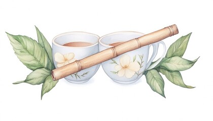 Two delicate tea cups adorned with floral designs, accompanied by a bamboo stick, set against a clean backdrop