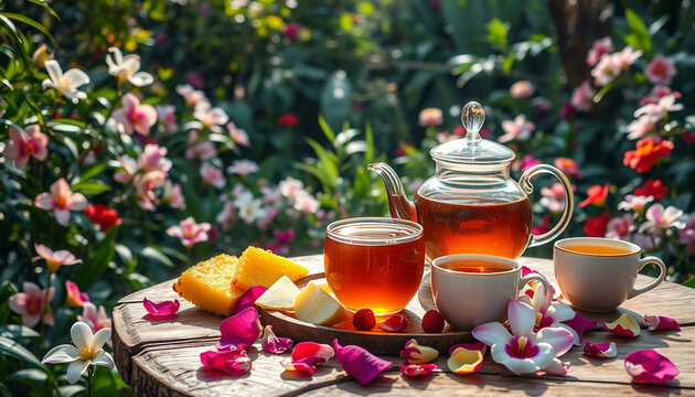 A scenic arrangement of tea, tropical fruits, and vibrant flowers displayed outdoors amid a lush garden setting. The image evokes a sense of relaxation, tropical vacation vibes, and serene natural bea