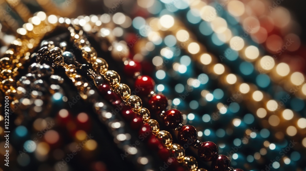 Aufkleber close up of colorful jewelry with blurred background and empty space for promotional text or adverti