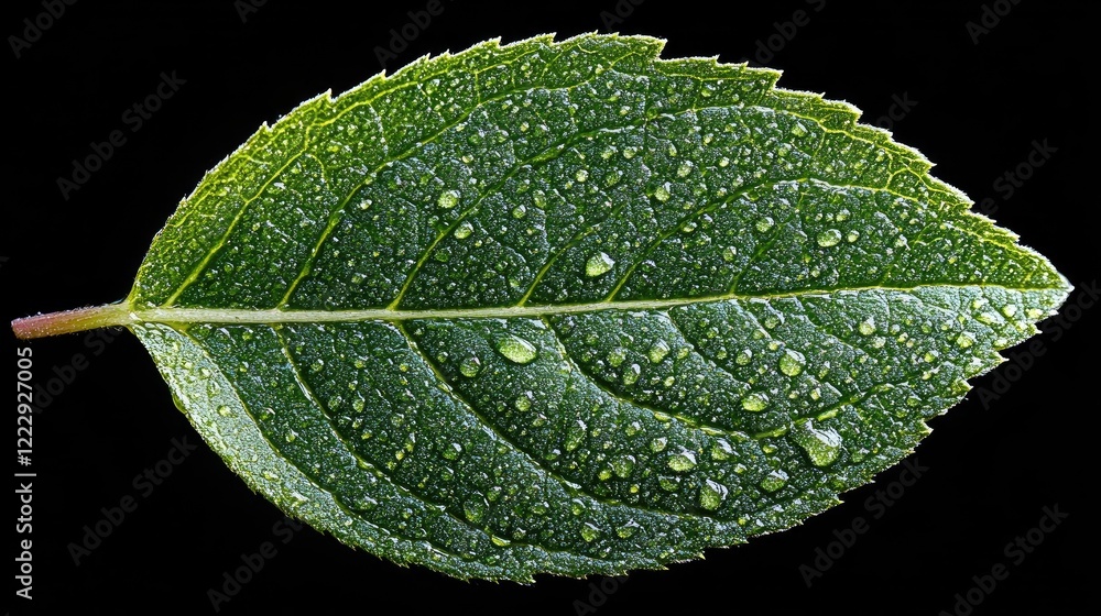 Aufkleber close up of a water droplet adorned green leaf on a black background showcasing intricate details wi