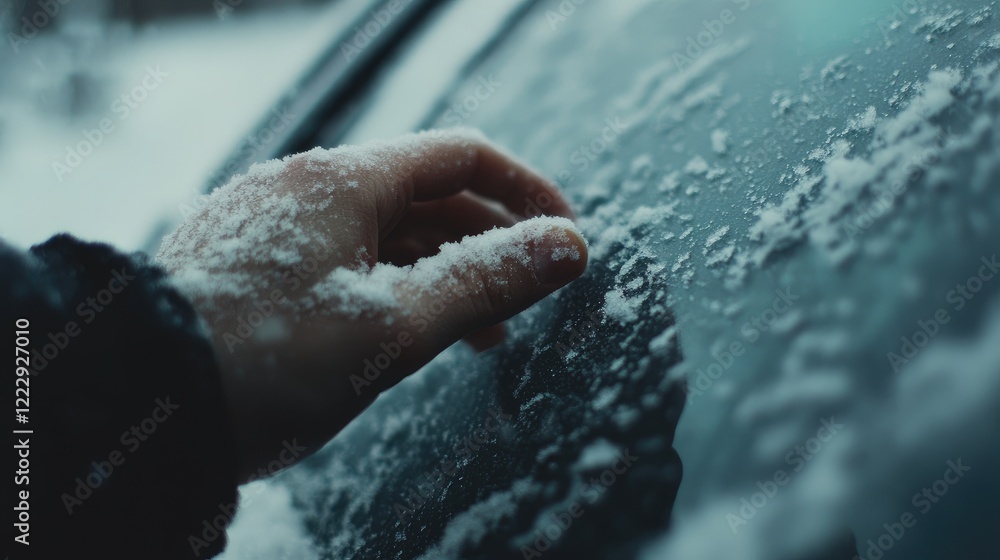 Poster Hand brushing snow off a car window in winter with copy space for text creating a serene and chilly atmosphere of the season