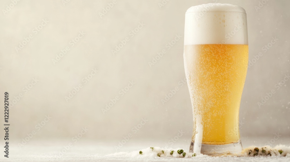 Poster chilled light beer in a frosty glass with fresh hops and ample copy space for advertising or promoti