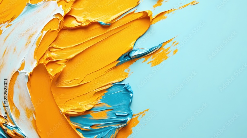 Poster vibrant complementary color paint strokes on a blue background with ample empty space for creative t
