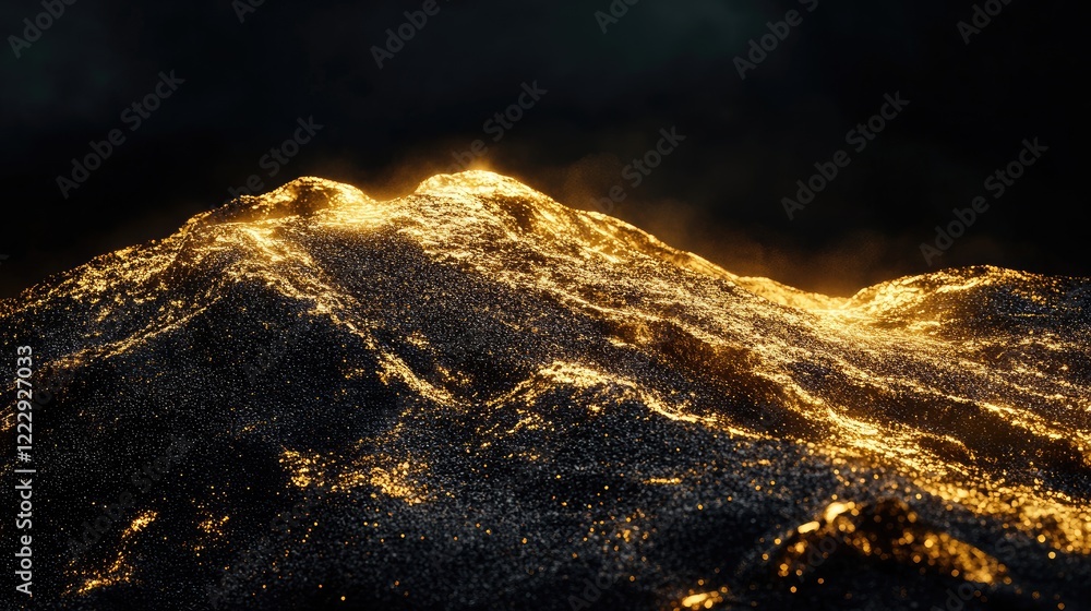 Poster golden volcanic landscape illuminated against a dark sky highlighting textured flows with ample empt