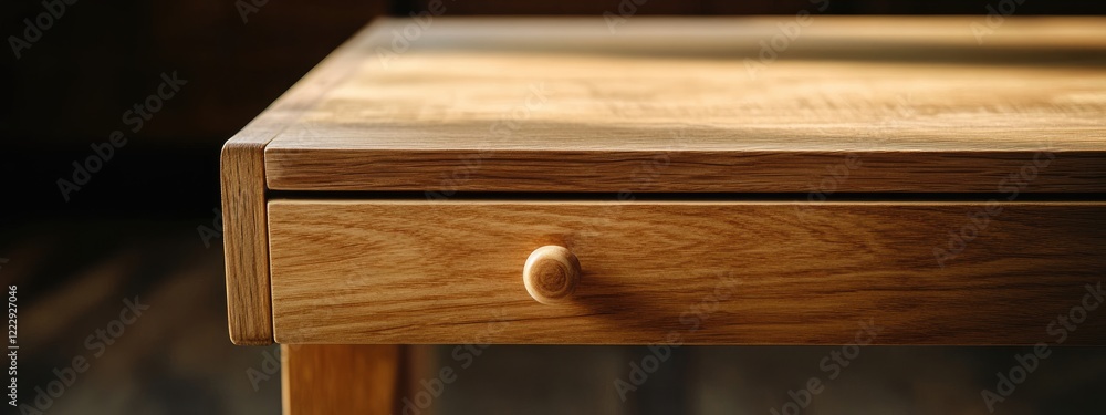 Poster wooden drawer detail on light table with empty copy space for text and elegant design background