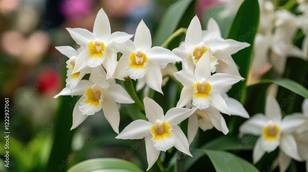 Aufkleber close up of sympodial orchids with white flowers showcasing vibrant blooms and ample space for text 