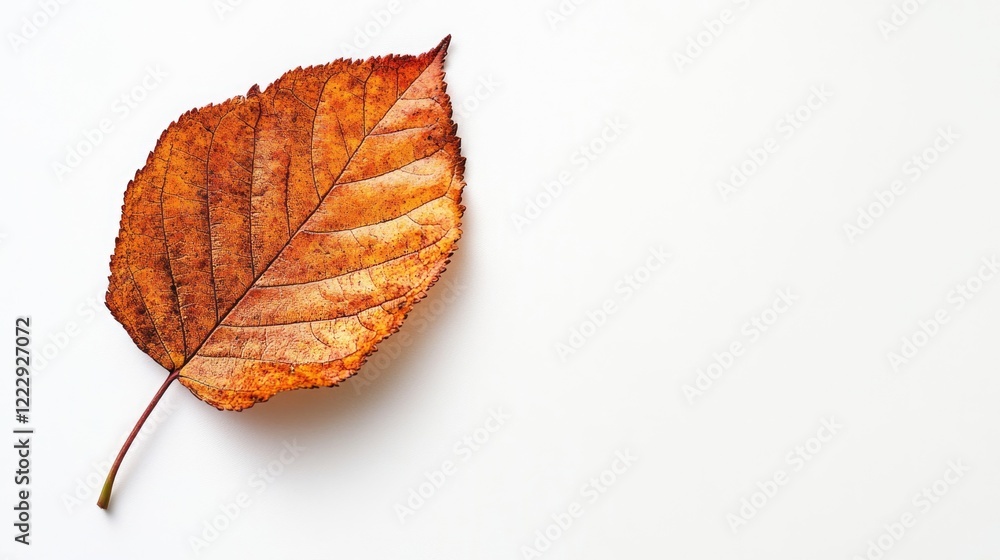Poster Detail of a weathered autumn leaf showcasing vibrant hues against a minimalist white background with ample space for text or branding.