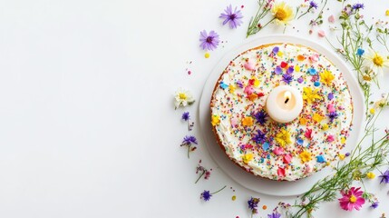Colorful confetti cake with a candle and wildflowers on a bright background ideal for celebrations and special occasions with space for text