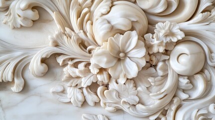 Intricate close-up of classical marble relief showcasing exquisite floral artistry with ample space for text placement