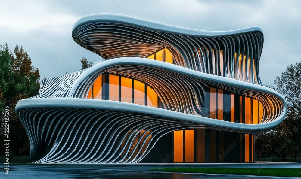 Poster modern building designs, a rectangular 3 story building with a parametric thin horizontal wave like 