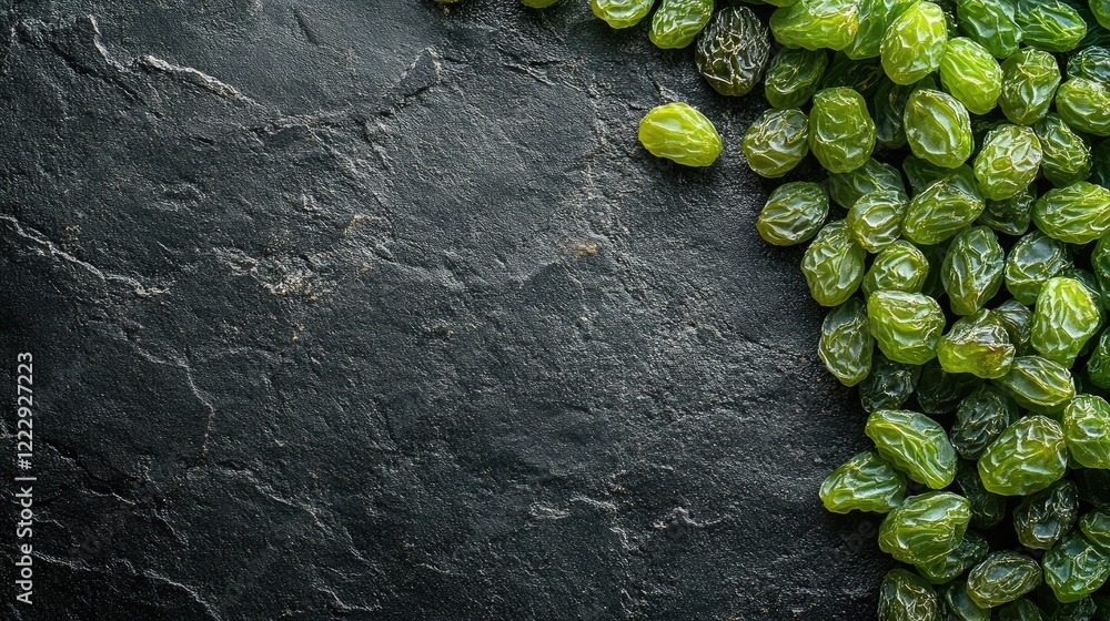 Poster textured close up of khaki green raisins on dark background with space for text or design elements