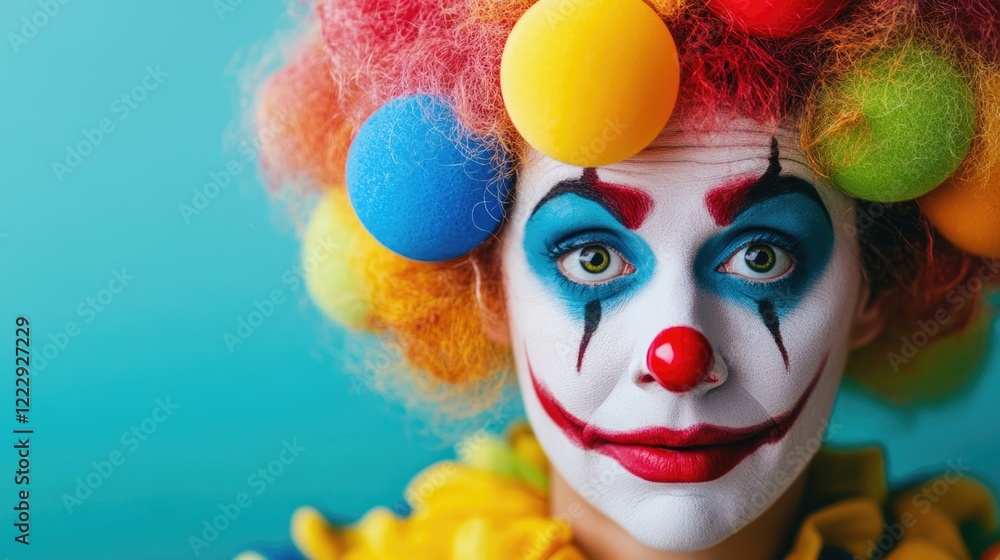 Poster colorful clown with playful costume and bright wig offering empty space for custom text on vibrant b