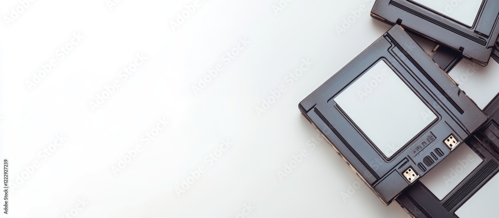 Fototapete vintage blank diskettes in box isolated on white background retro data storage with empty copyspace 