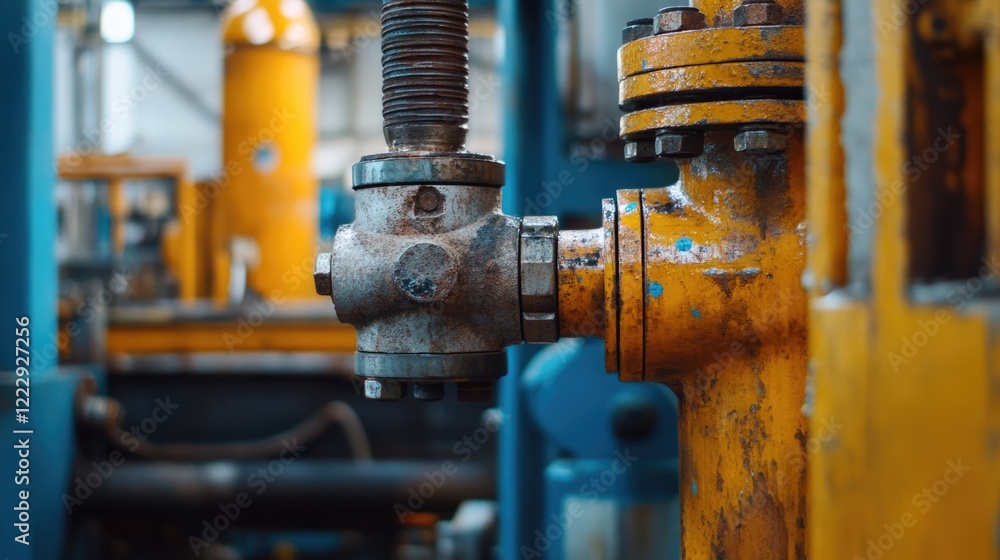 Poster close up of rusty industrial valve with wear showing empty space for text in a factory setting
