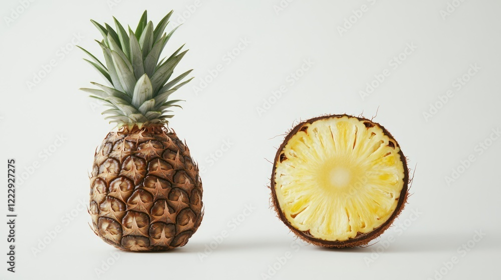 Poster pineapple and coconut freshness on bright surface with space for text and design elements