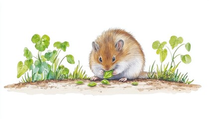 A cute hamster nibbling on a green leaf amidst lush greenery, symbolizing nature's tranquility and wildlife