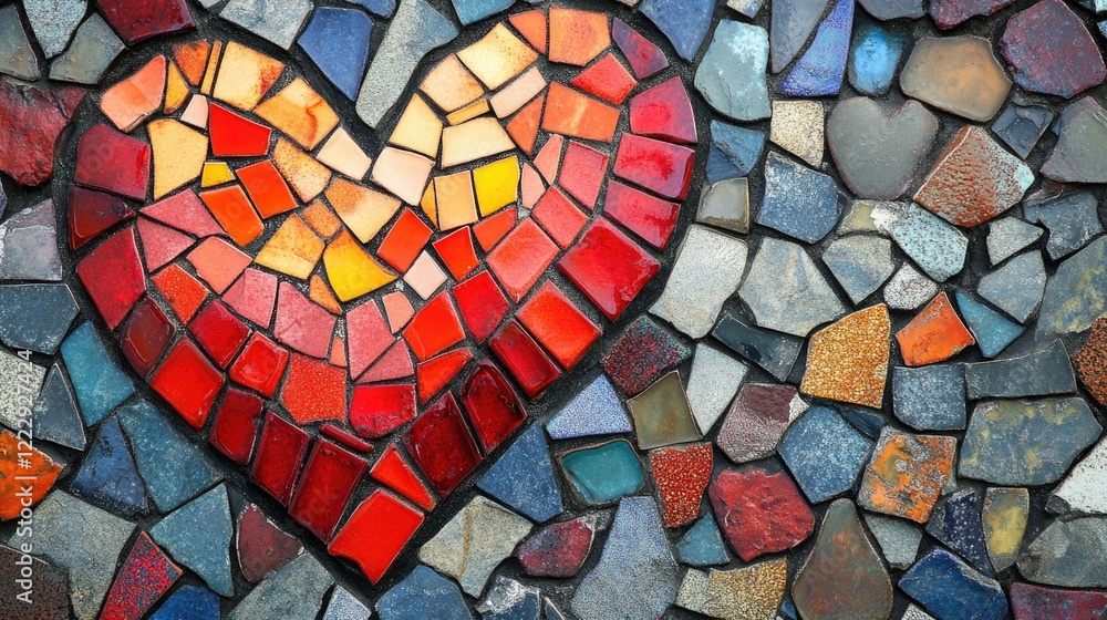 Poster Heart shaped mosaic artwork with vibrant colors and textures creating an inviting space for customizable text or messaging elements