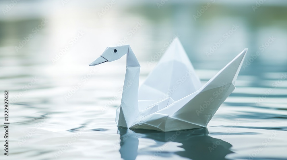 Poster Elegant origami swan model gracefully floating on calm water surface with ample copy space for text or design elements