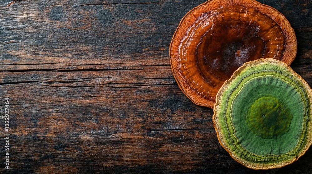 Aufkleber comparison of brown and green ganoderma mushrooms on rustic wooden background with blank space for t