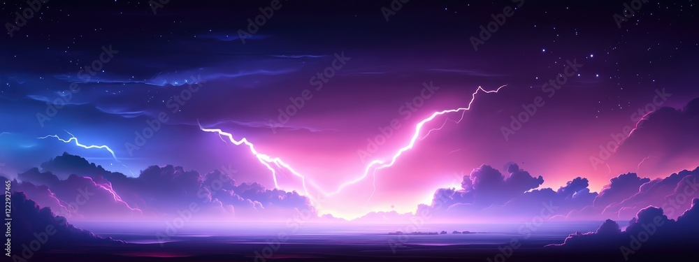 Poster dramatic thunderstorm scene with vibrant lightning illuminating clouds and ample empty space for tex