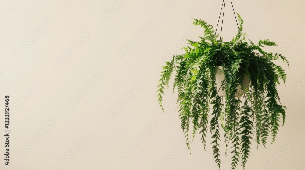 Poster hanging fern plant with lush greenery and soft background for text placement in home decor or botani