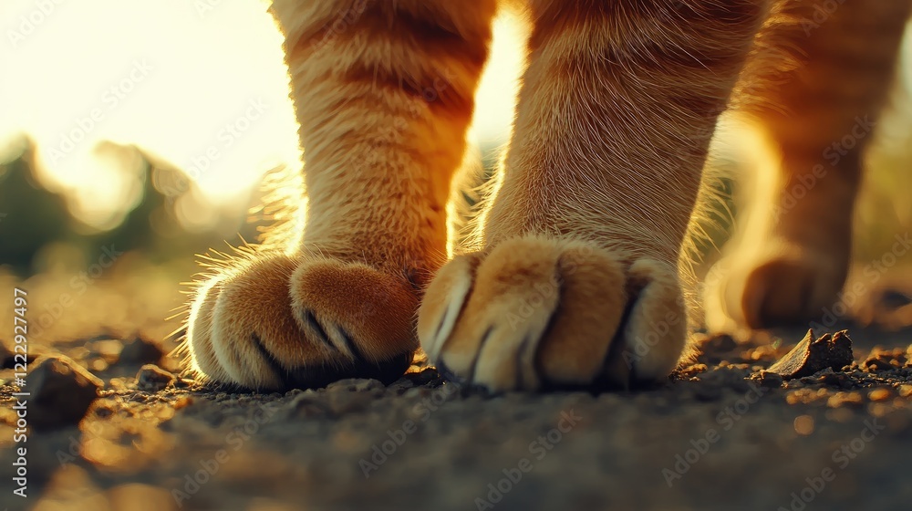 Poster Close up of an orange cat's paw on ground with soft sunlight creating a warm atmosphere and ample space for text placement.
