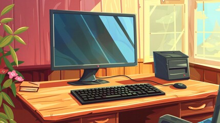 Modern Workplace Setup with Computer Monitor and Keyboard on Table in Home or Office