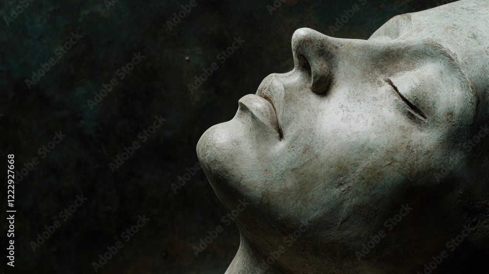 Poster Prone figure with obscured face and serene expression against dark background creating ample empty space for text or overlay design