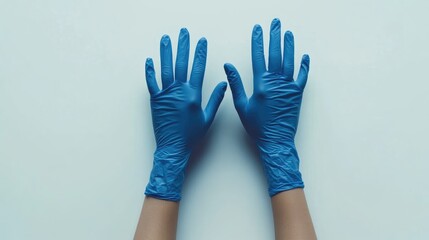 Obraz premium Medical gloves on hands against a light background for healthcare, safety, or hygiene concepts with space for text or branding.