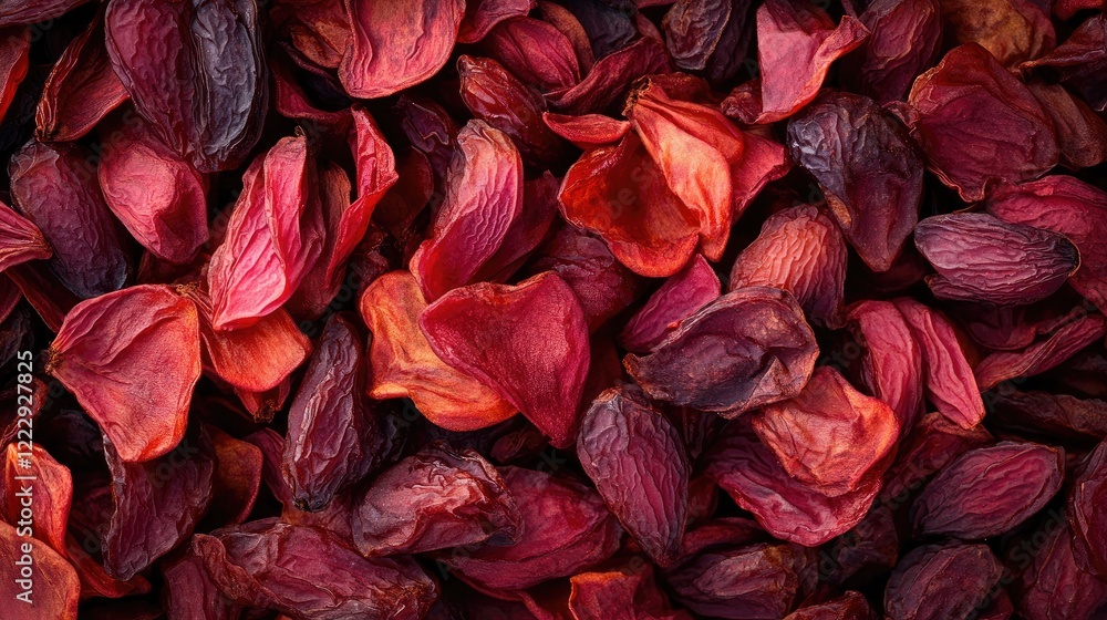 Poster close up of vibrant dried rose petals showcasing rich colors with ample empty space for design or te