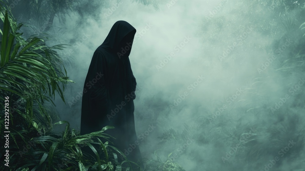 Poster hooded figure in misty rainforest amidst lush foliage and fog with space for text background