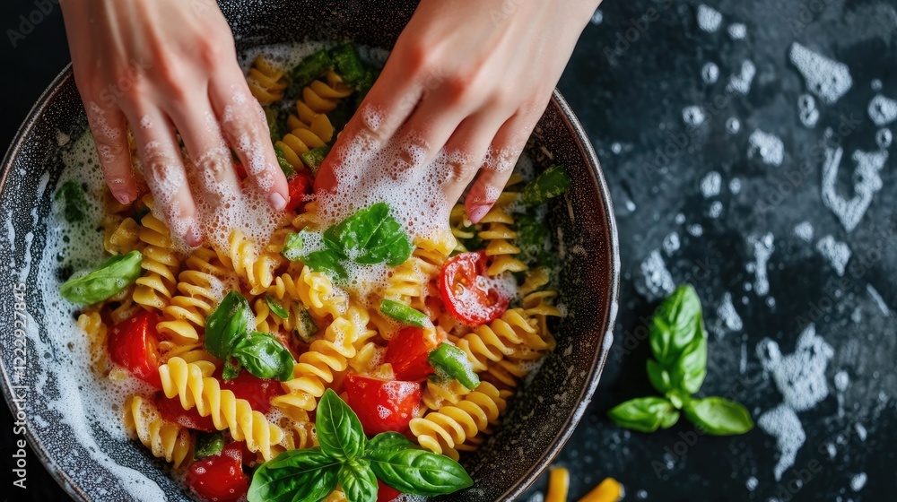 Aufkleber hands washing colorful pasta and vegetables in a bowl with fresh basil and cherry tomatoes against a