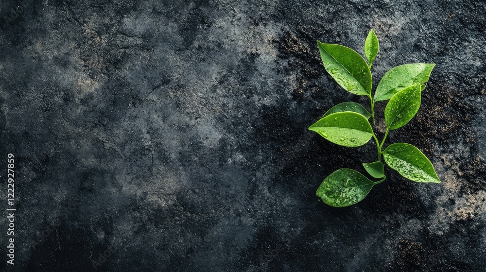 Poster sustainability concept with fresh green leaves on dark textured background and empty space for custo