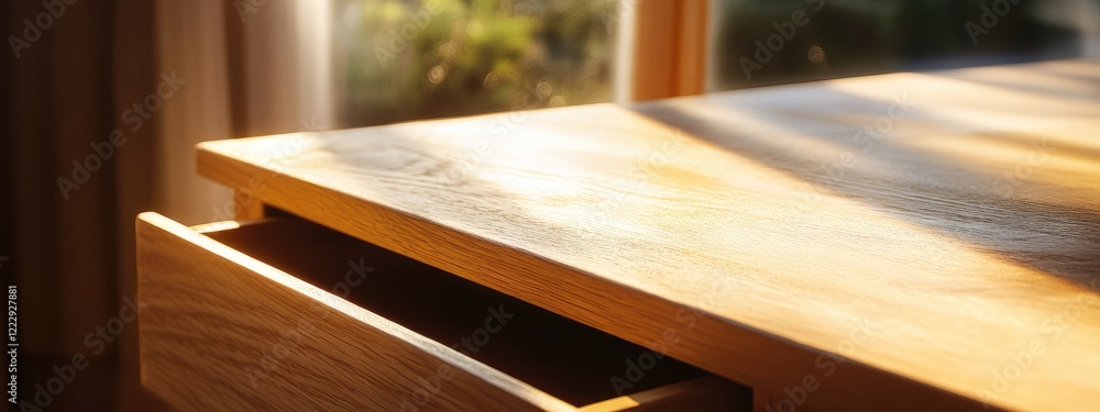 Poster light table with open drawer and natural light creating warm ambience ideal for product display or t