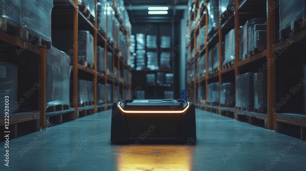 Poster compact storage robot navigating warehouse aisle with ample copy space for text in modern logistics 