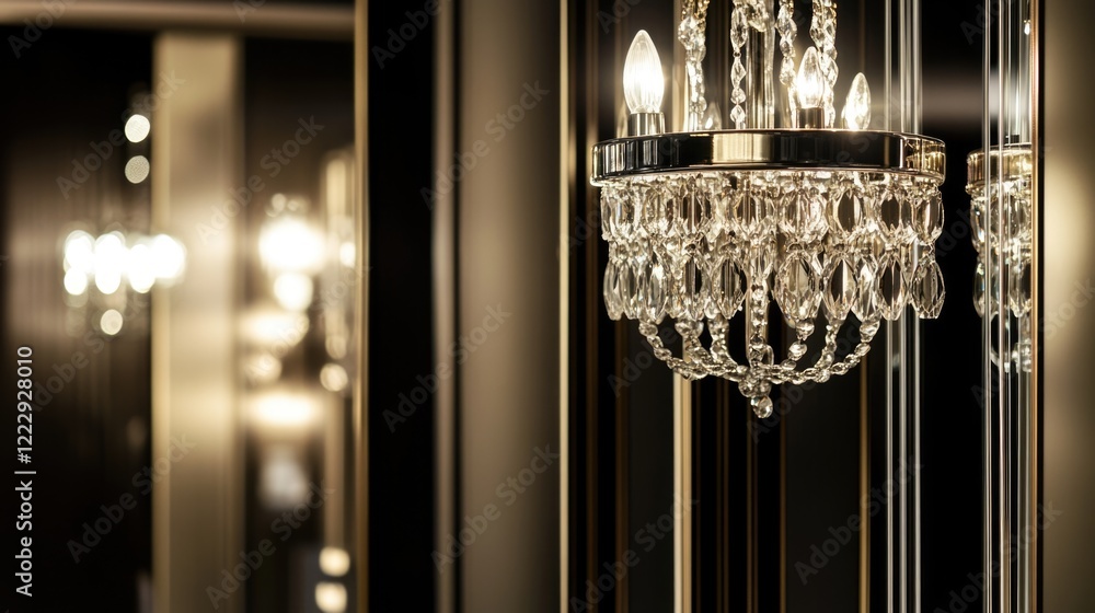 Poster Elegant chandeliers reflected in mirrors creating a luxurious ambiance with ample empty space for text or additional design elements
