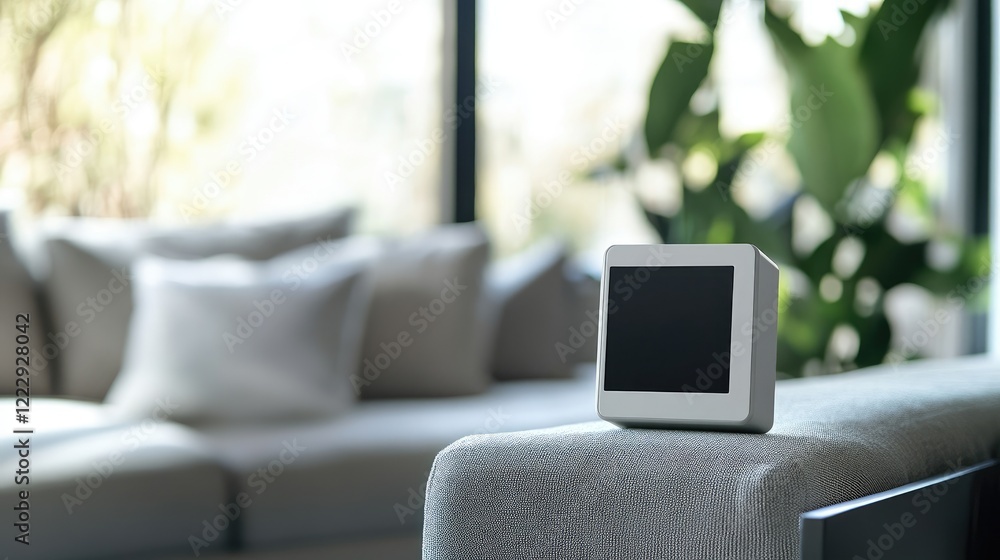Poster compact air quality monitor with oled display in stylish indoor setting and copy space for text