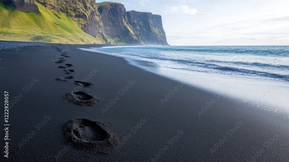 Poster Close up of human footprints in black sand on a serene beach with cliffs in the background and clear copy space for text and messages